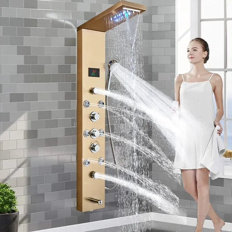 Colonne de douche hydromassante 111x20 cm en acier inoxydable couleur or et éclairage Led DC026