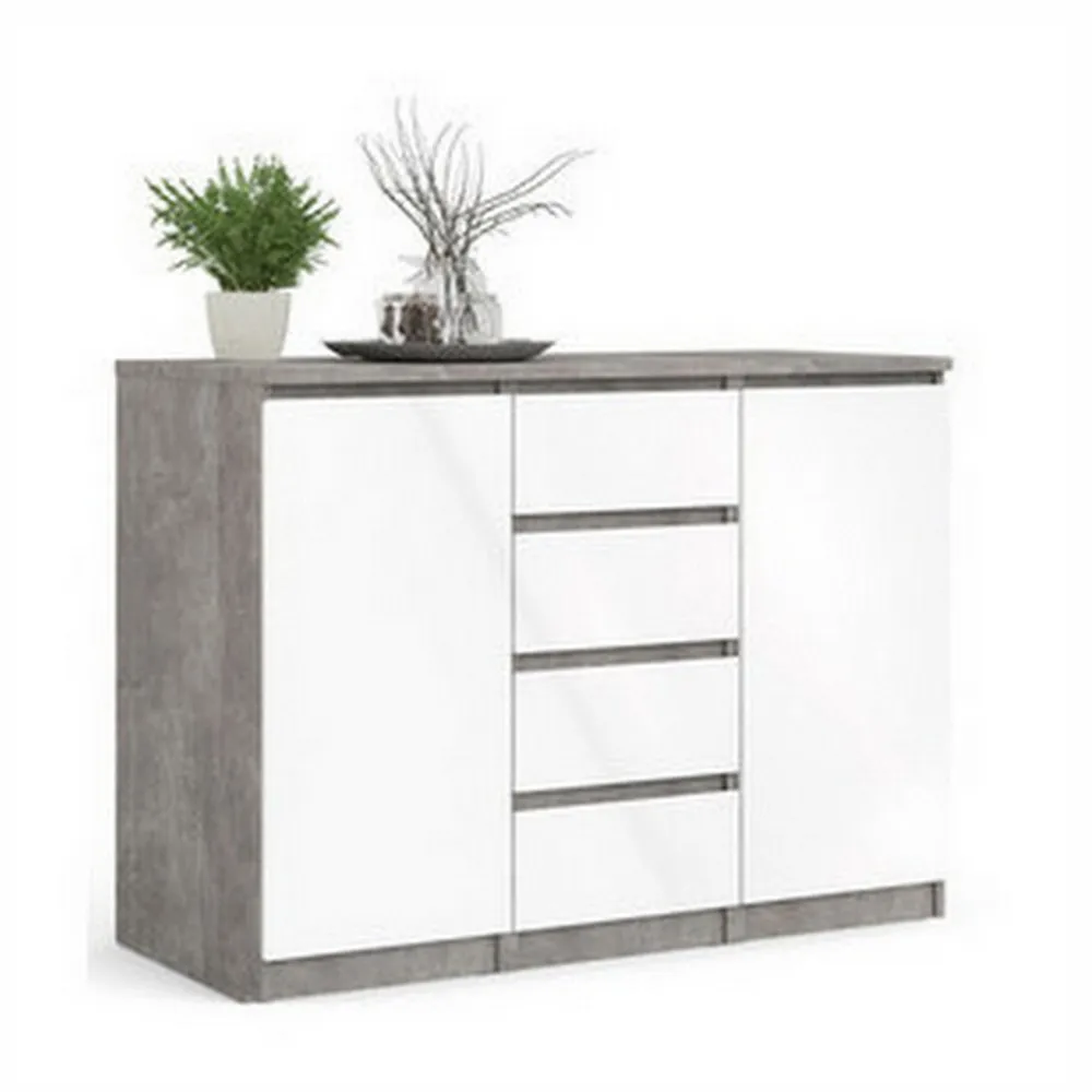 Buffet 121x50xH90 cm avec 2 portes et 4 tiroirs blanc et béton BM093