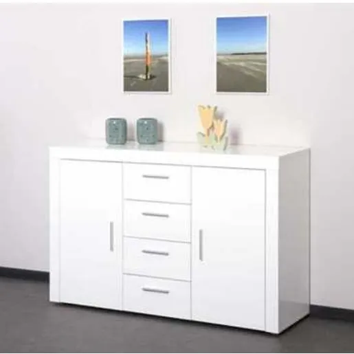 Buffet polyvalent 134x40xH86 cm blanc avec 2 portes et 4 tiroirs BM095