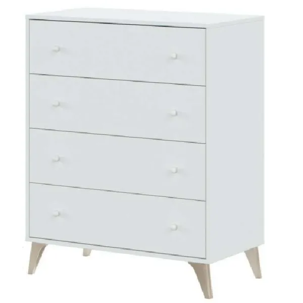 Cómoda 77.5x40xH95 cm blanca con 4 cajones y pies marrones BM117