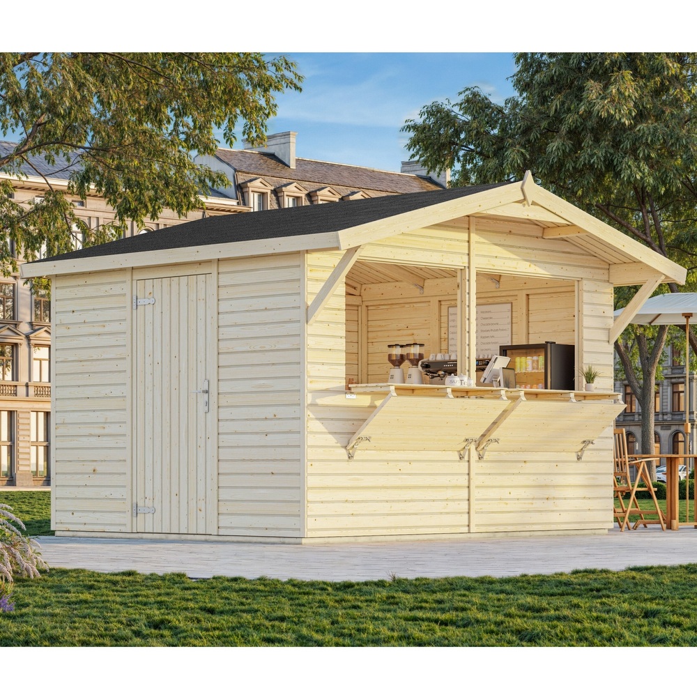 Fir wood kiosk 323x259 cm with door, drop-down doors and optional floor CS075
