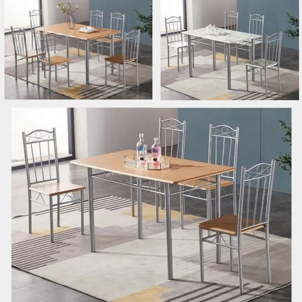 Table de salle à manger 120x70 ou 140x80 cm avec structure en acier et plateau en bois ou en marbre avec 4 ou 6 chaises TL050