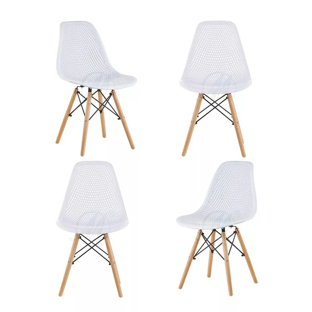 Silla blanca con carcasa de polipropileno y patas de madera SE02