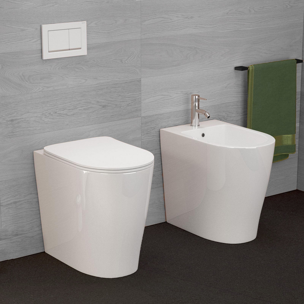 Eolo raised, back-to-wall sanitary fixtures, bidet and toilet with soft-close seat and energy saving features