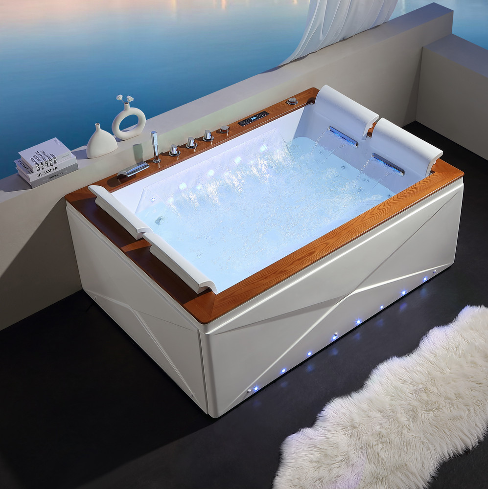 Whirlpool tub 180x130 cm 4-seater with wooden top, 50 jets, LED and ozone therapy VS172