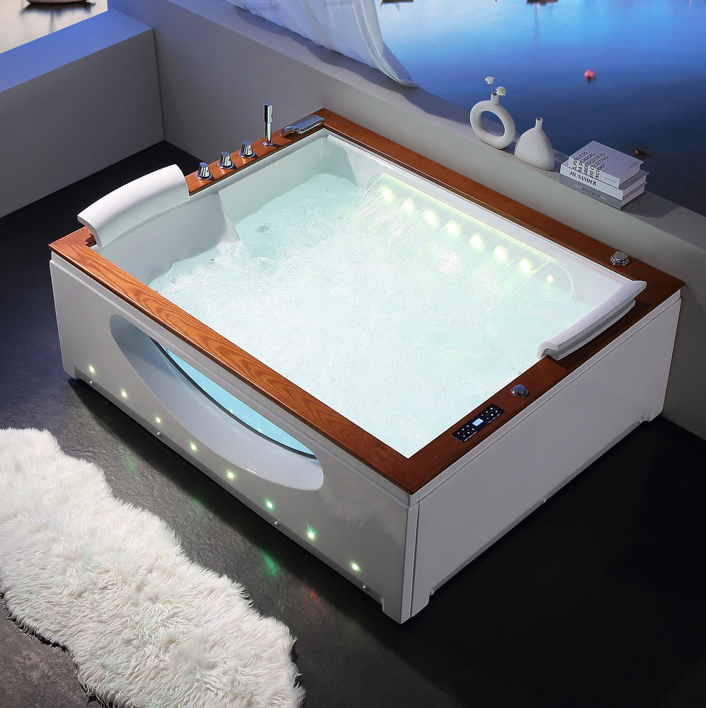 Hydromassage tub 180x150 cm with wooden top and glass porthole, 50 jets, chromotherapy and bluetooth VS176