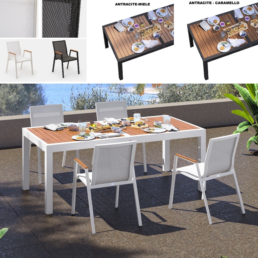Extendable outdoor table 200/300x100 cm 3 types and with 4 textilene chairs TL082