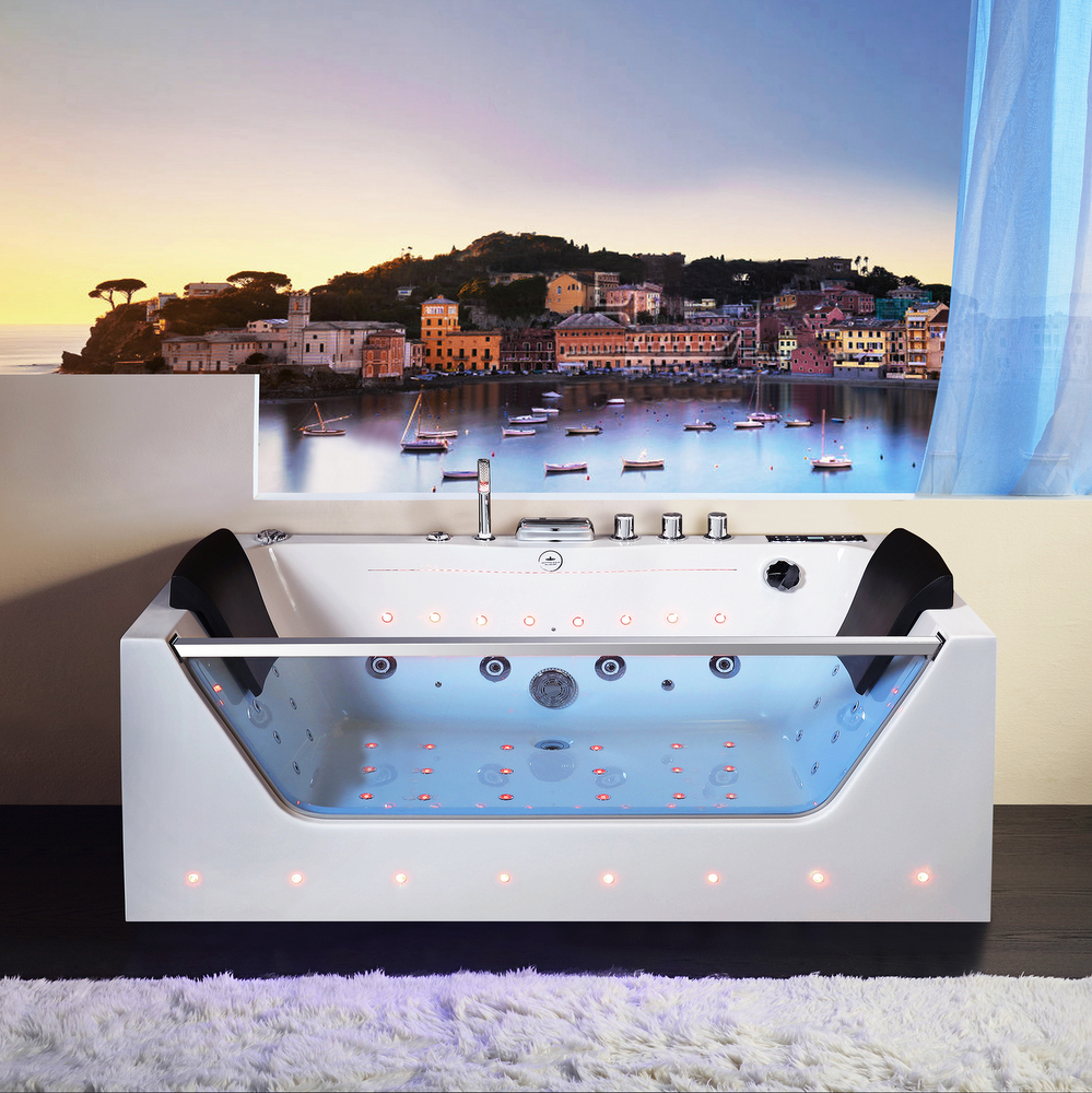 Whirlpool tub 170x80 cm with LED carved waterfall, 36 air and water jets, heater and Bluetooth VS179
