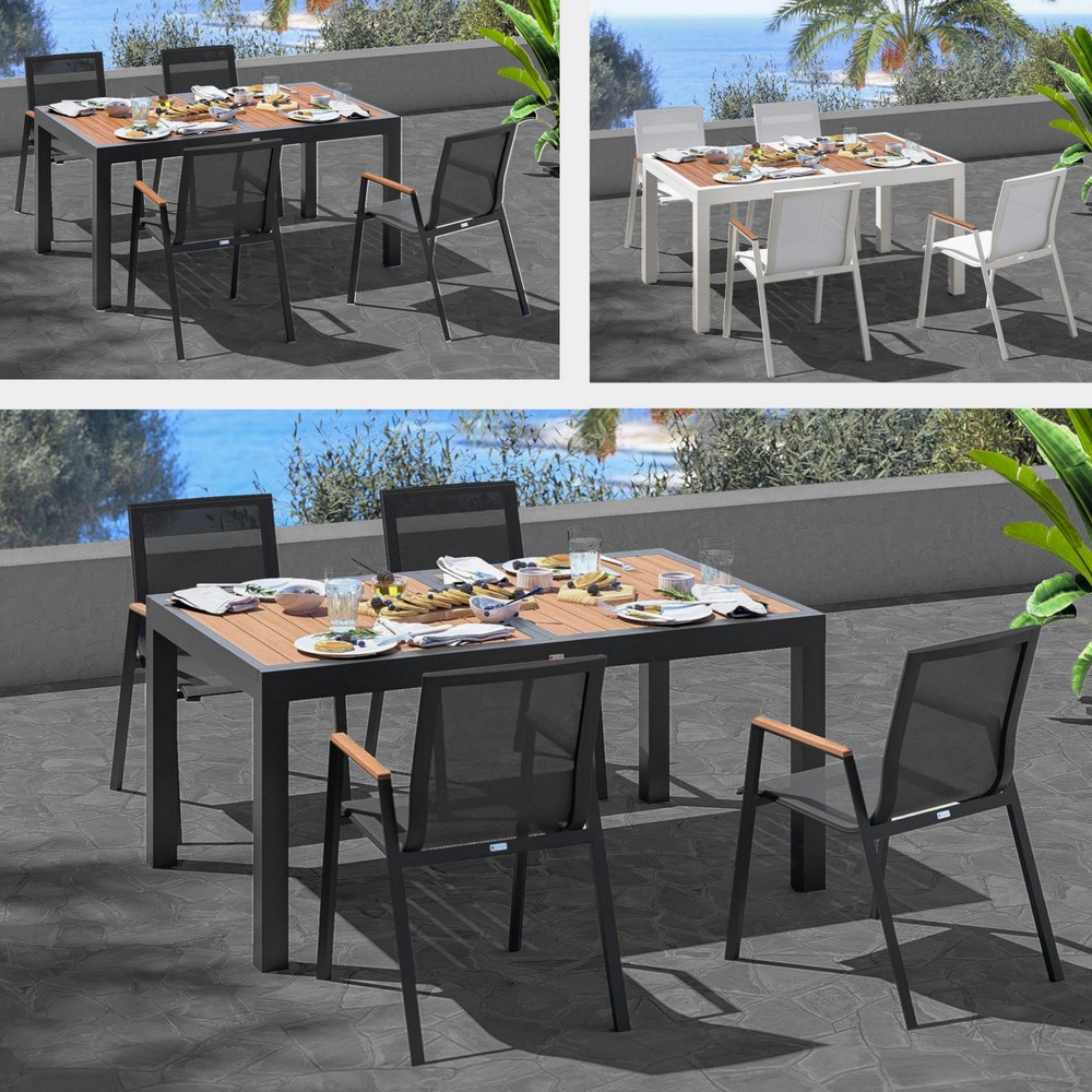 Extendable outdoor table 160/240 cm with wood-effect top and 4 textilene chairs TL084