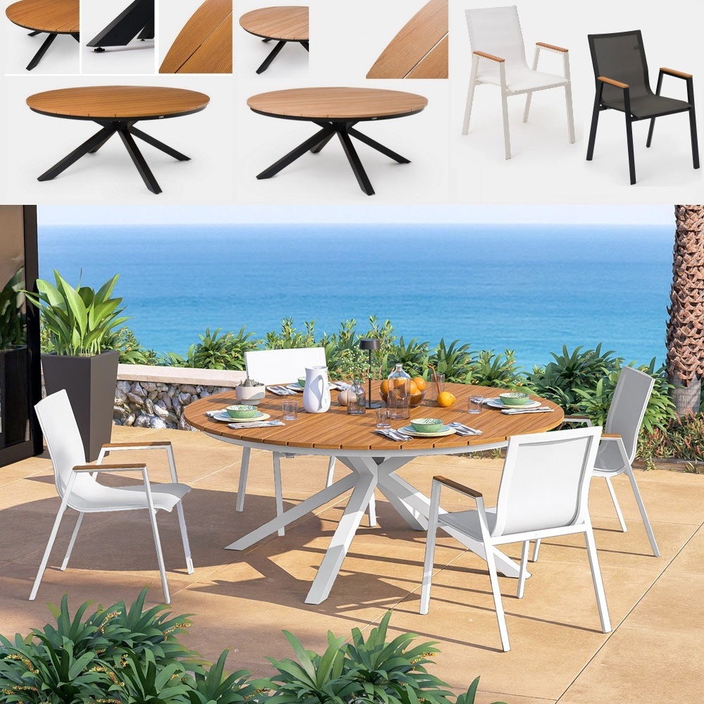Outdoor round table 180 cm with wood-effect top and 4 textilene chairs TL089