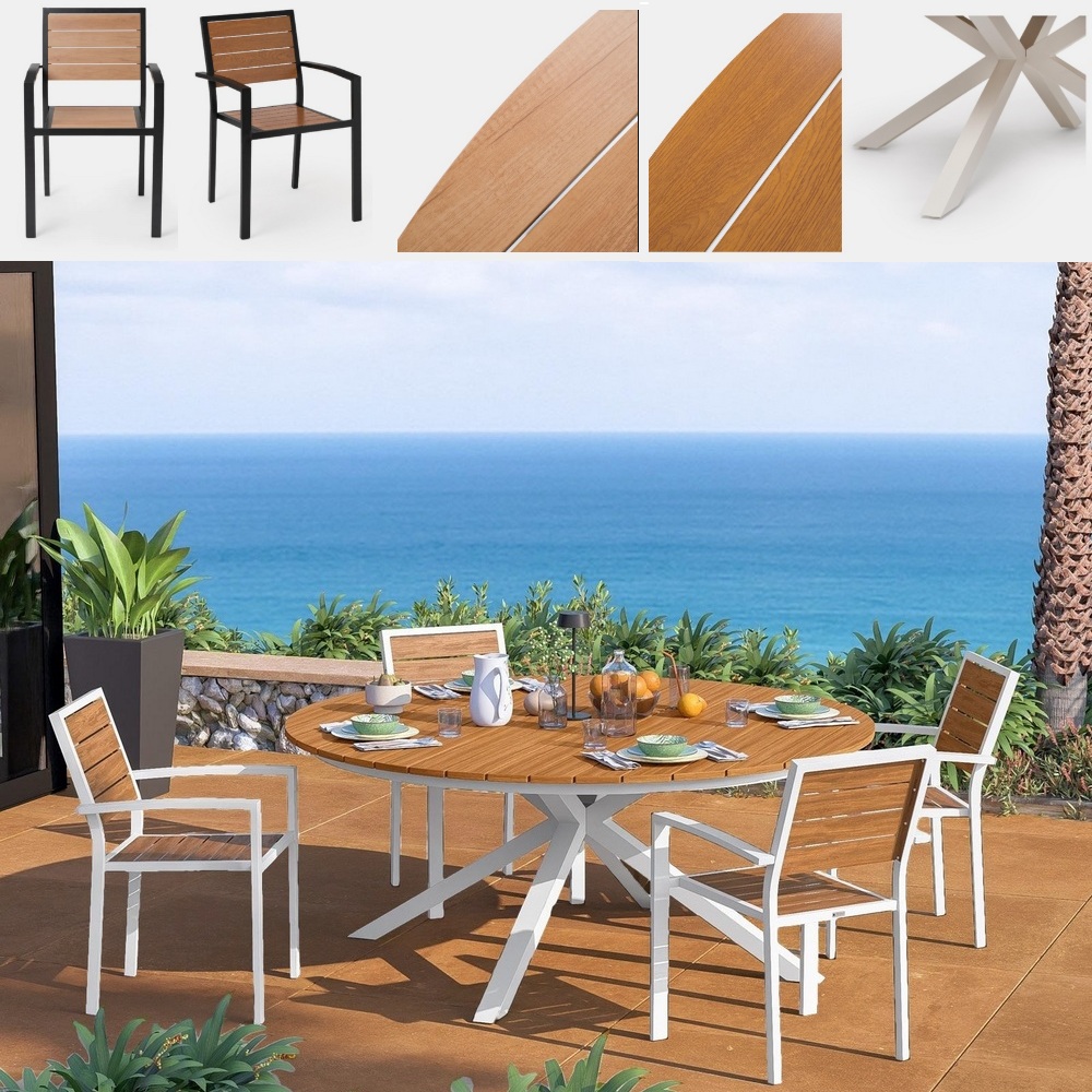 Round table 120 or 140 cm and 4 matching chairs, wood-effect outdoor set TL090