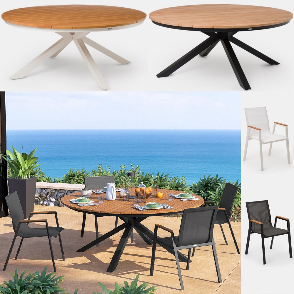 Outdoor round table 4-seater, 120 or 140 cm, with wood-effect top and textilene chairs TL091
