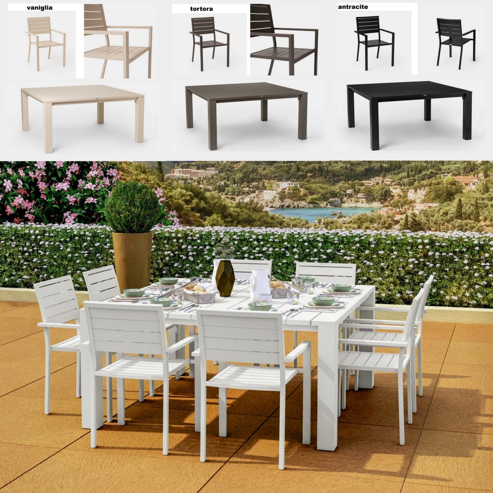 Outdoor set in 4 colors, 160x160 cm table and 8 slatted chairs TL092