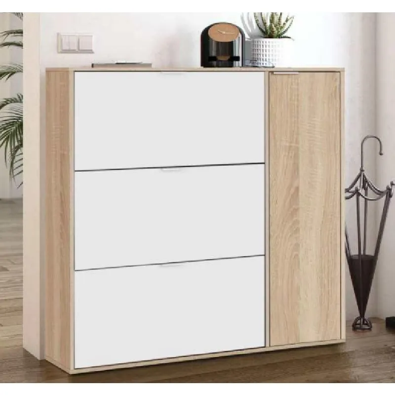 Meuble à chaussures bicolore en chêne blanc 106x22 cm 3 portes à rabat et 1 porte battante avec étagères BM145