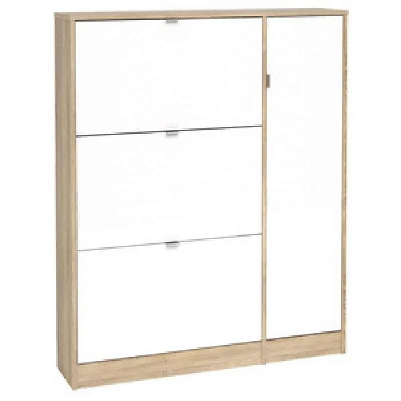 Mueble zapatero ultraplano 102x24 cm roble con solapa blanca y puertas batientes BM146