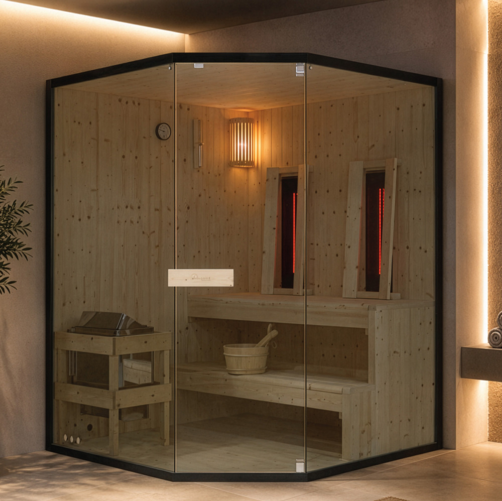 Corner infrared-Finnish sauna 150x150 cm 2-3 person capacity with heater and 2 infrared radiators SN114