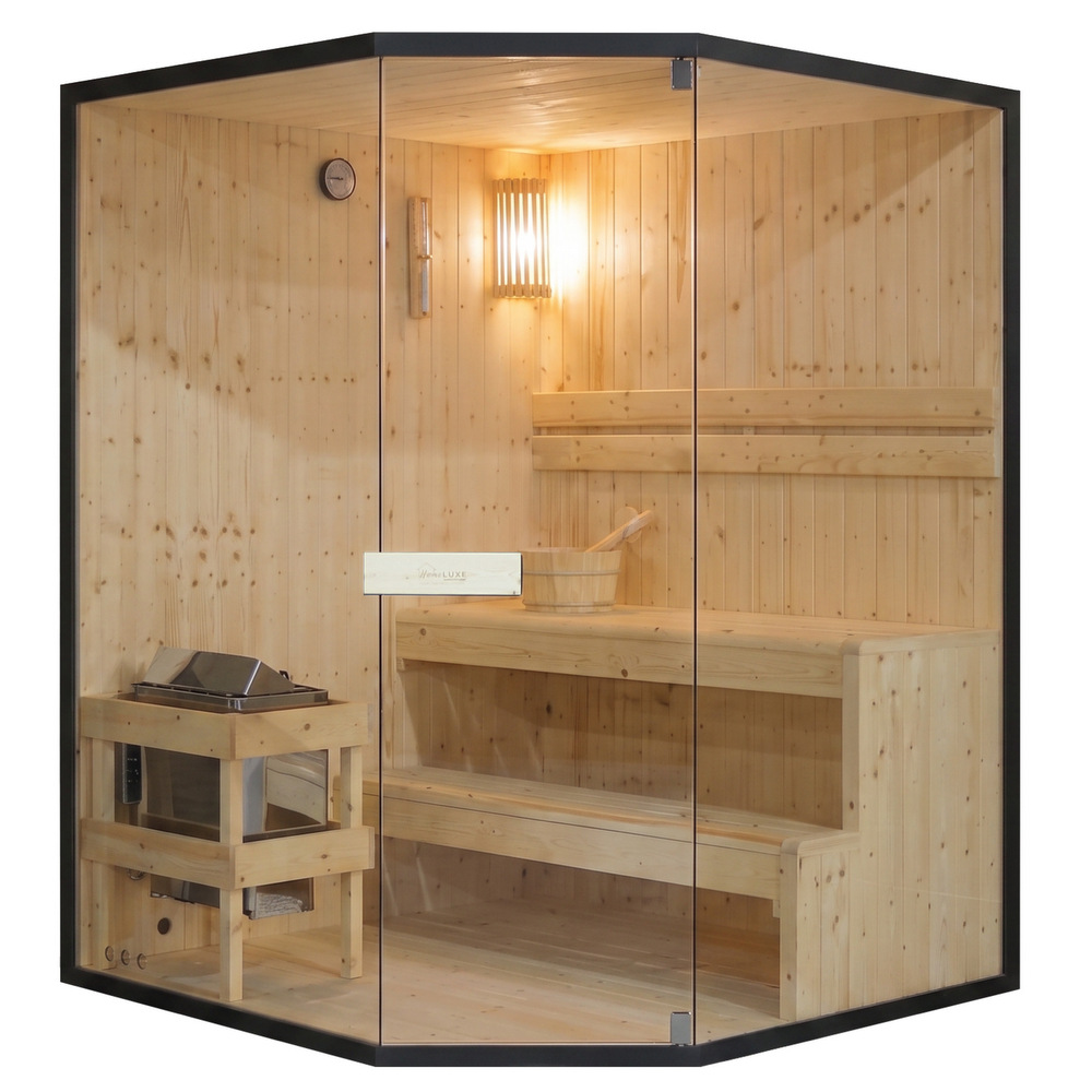 Finnische Ecksauna 150 x 150 cm für 2–3 Personen mit Harvia-Saunaofen SN116
