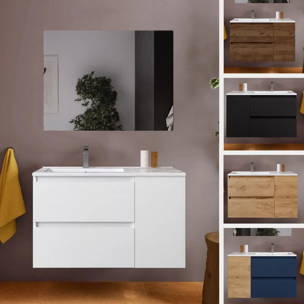 Ariel 90 ou 100 cm meuble de salle de bain mural 2 tiroirs 1 porte lavabo droite ou gauche et miroir