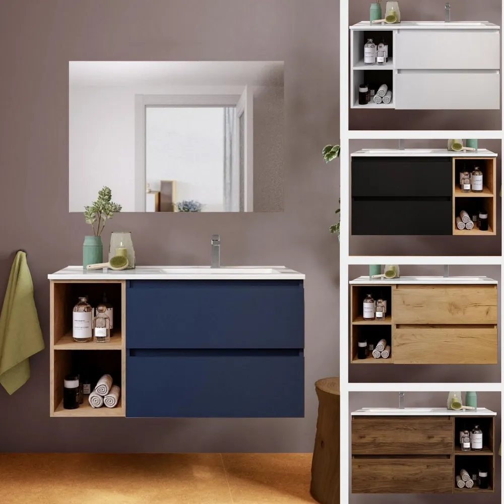 Armoire de toilette Ariel2 90 ou 100 cm avec vasque à droite ou à gauche, tiroirs, compartiments ouverts et miroir