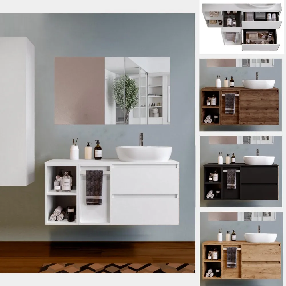 Mueble bajo lavabo Tiger 120 cm en 4 colores con cajones, compartimentos y espejo inodoro incluidos