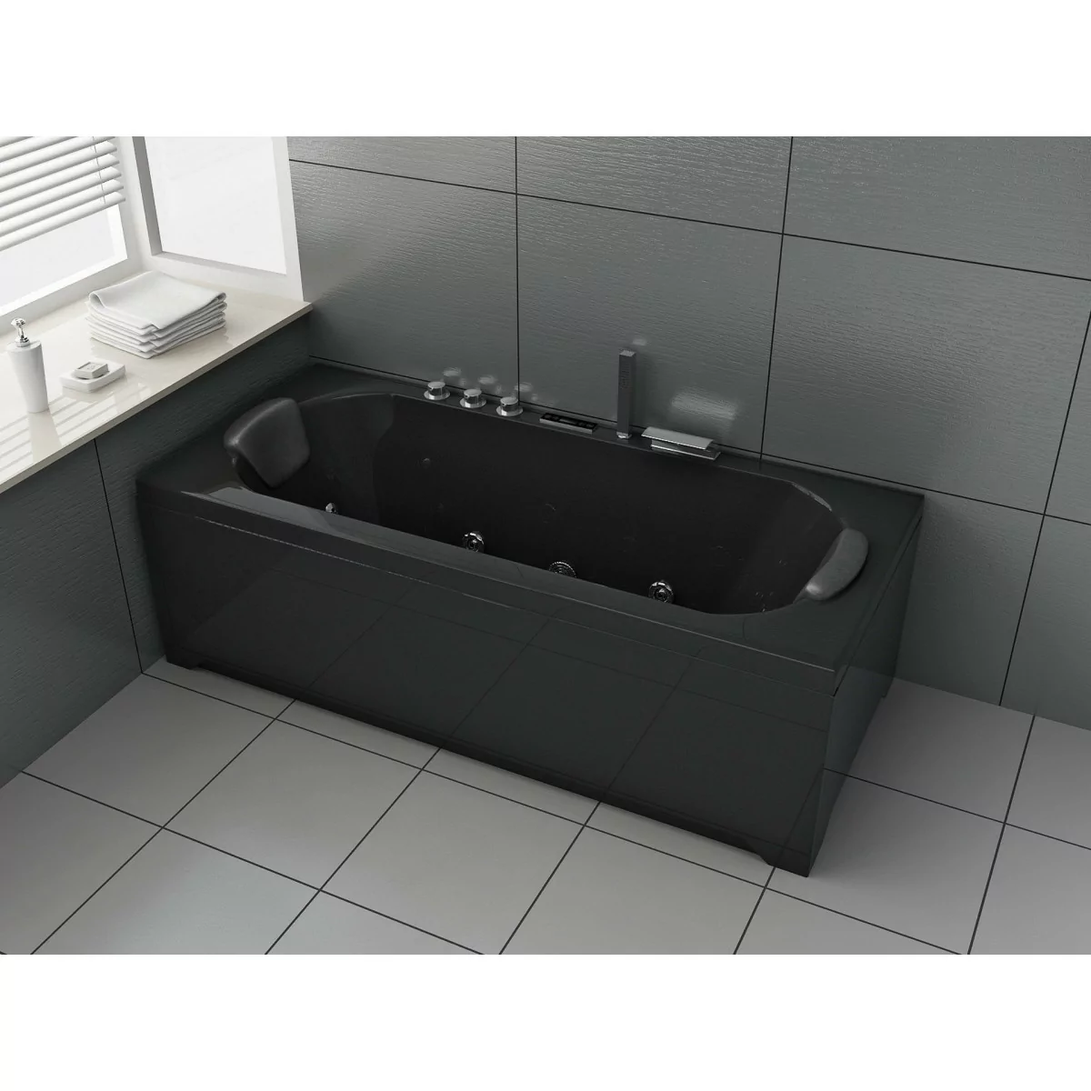 Whirlpool bath tub 170x77 cm black with 28 jets, Bluetooth and heater VS169