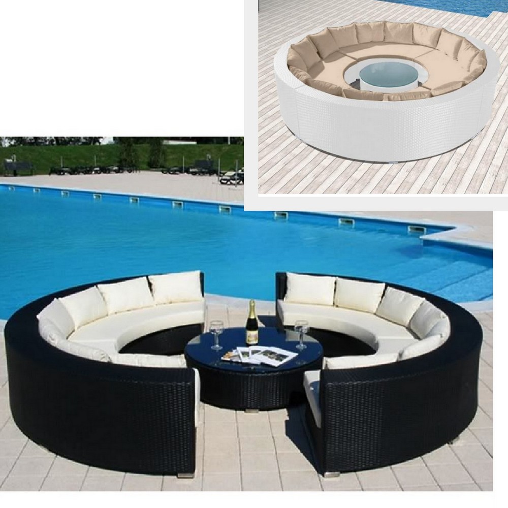 Mobilier d'extérieur Wendy 250x80 canapé circulaire blanc ou noir avec table et coussins