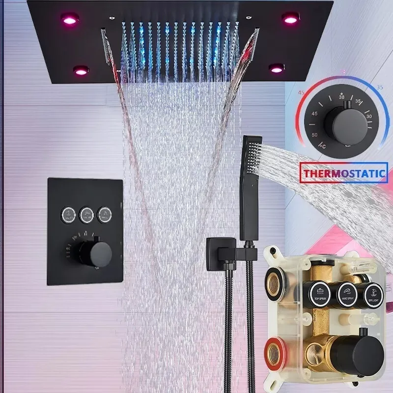 Shower set with thermostatic mixer Led shower head and hand shower black RB179