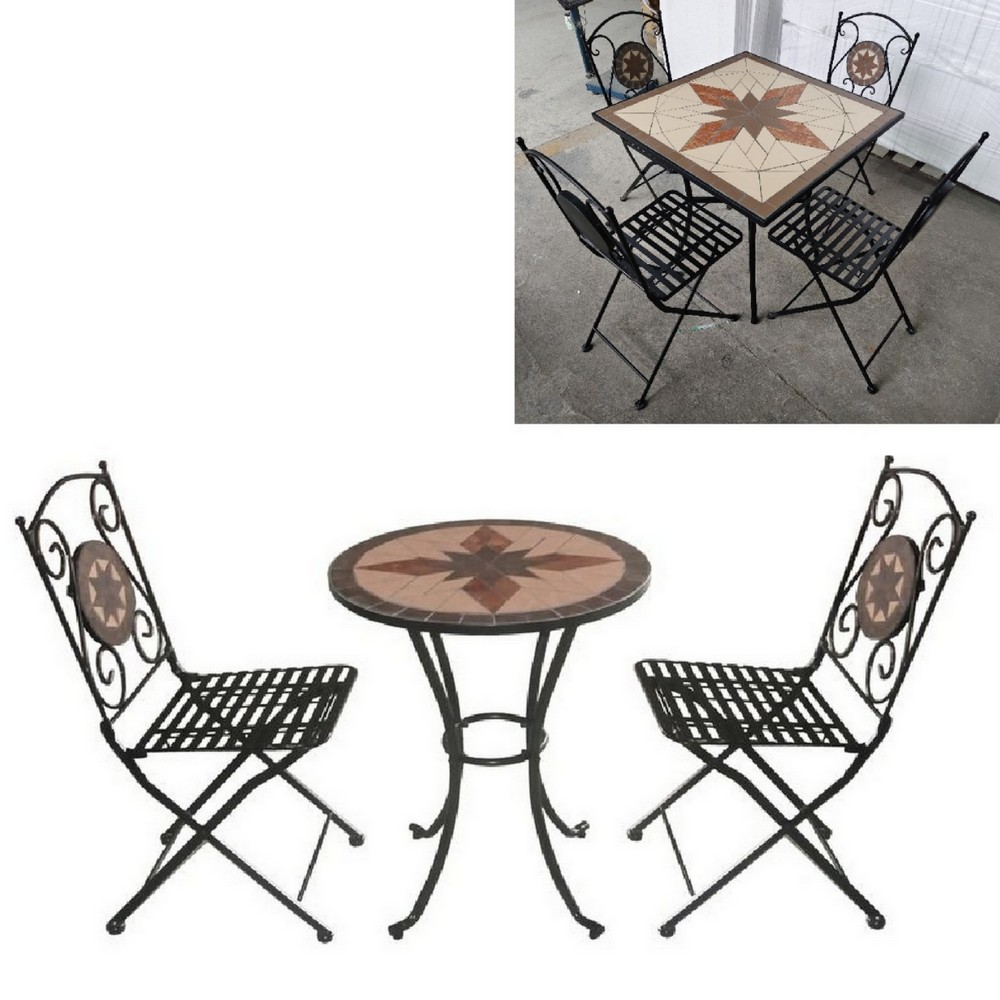 Meubles d'extérieur Table en mosaïque Jody et chaises pliantes en fer forgé pour jardin rond ou carré
