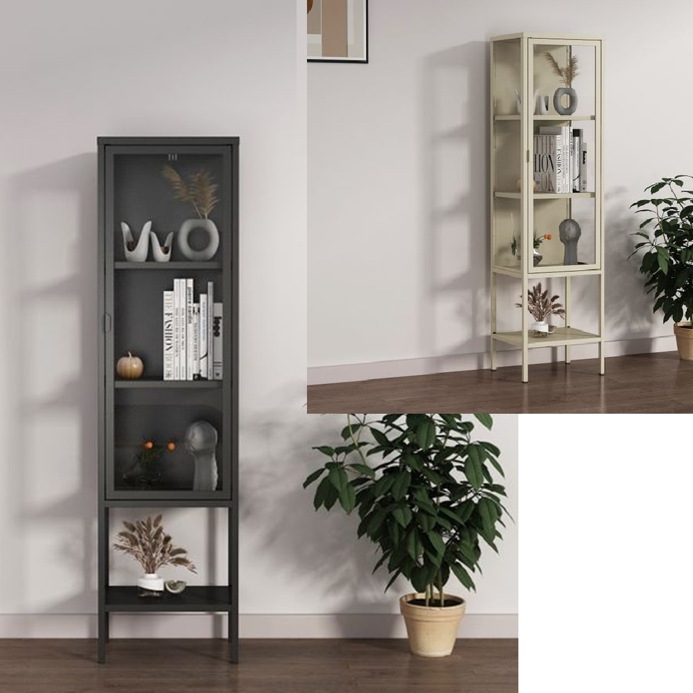 Vitrine 42 x 35 x H 160 cm avec 1 porte et structure en métal ardoise ou havane BM149