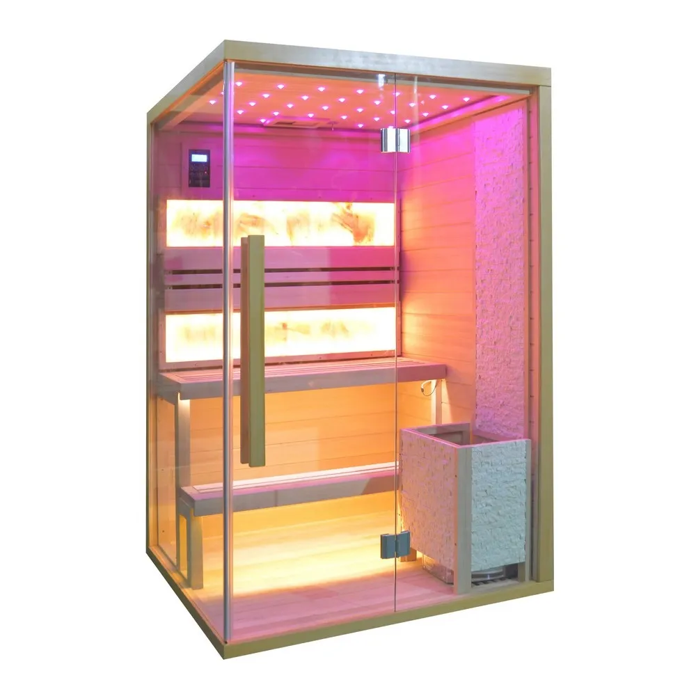 Sauna finlandesa 2 plazas 120x110 cm con estufa de cromoterapia Sawo y bluetooth SN086