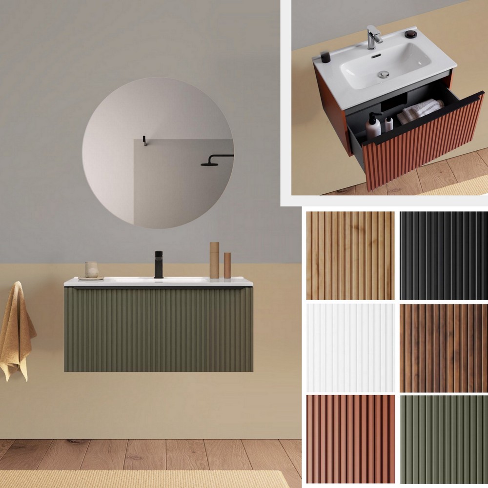 Lion1 bathroom cabinet in 5 sizes and 7 colours with washbasin, mirror and slatted chest of drawers