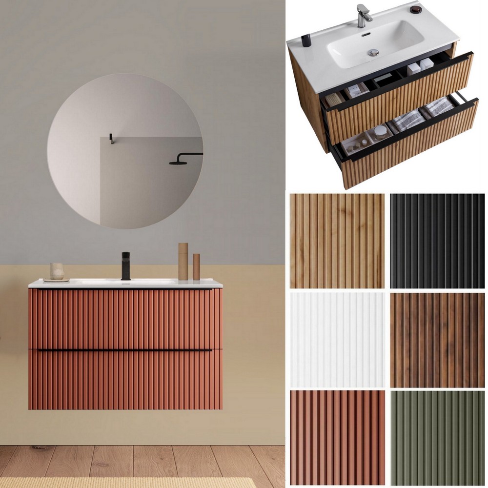 Lion2 bathroom cabinet in 5 sizes with 2 drawers, washbasin and mirror. Available in 6 colours.