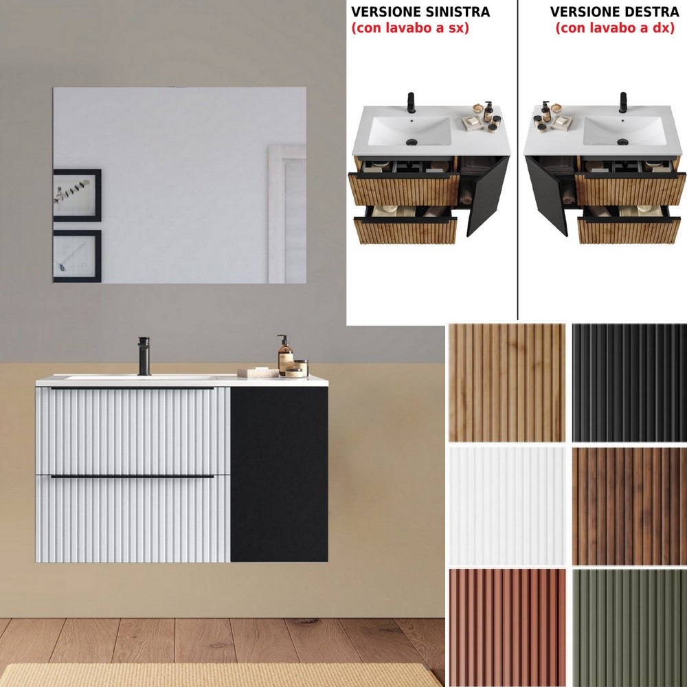 Lion3 wall-mounted bathroom cabinet, 90 or 100 cm, with 2 drawers and 1 door, washbasin on the right or left