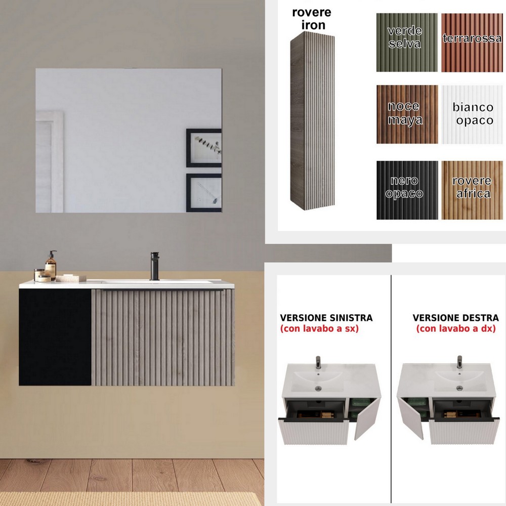 Lion4 bathroom cabinet with drawer unit and 90 or 100 cm door, right or left-hand washbasin, available in 11 colours