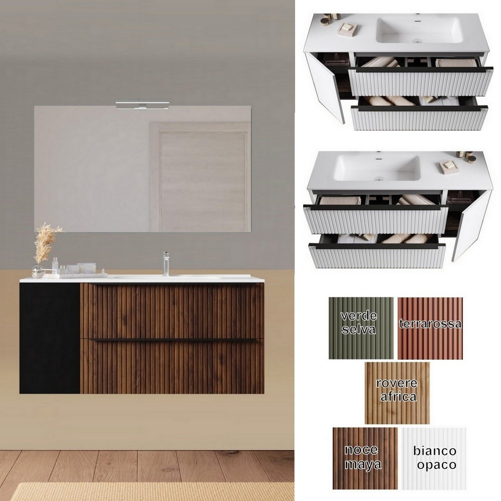Lion6 120 cm Wand-Badezimmerschrank mit Waschbecken rechts oder links, 2 Schubladen und 1 Tür