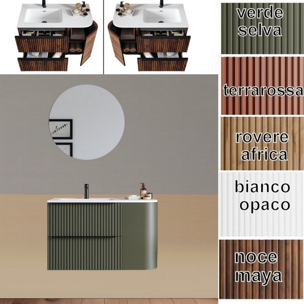 Meuble de salle de bain Lion8 90 cm avec coin arrondi, 1 porte, 2 tiroirs et lavabo à droite ou à gauche