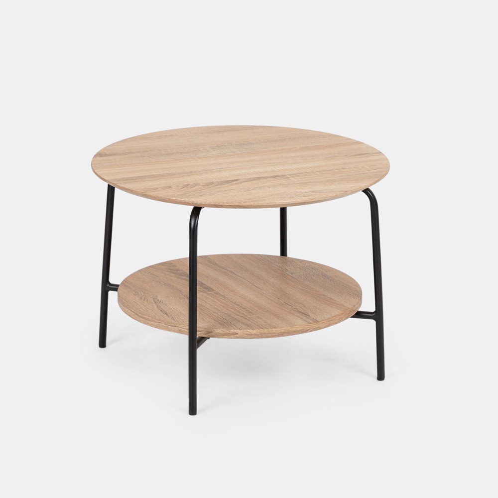 Table basse ronde de 60 cm avec structure en métal noir et tablettes en bois BM155