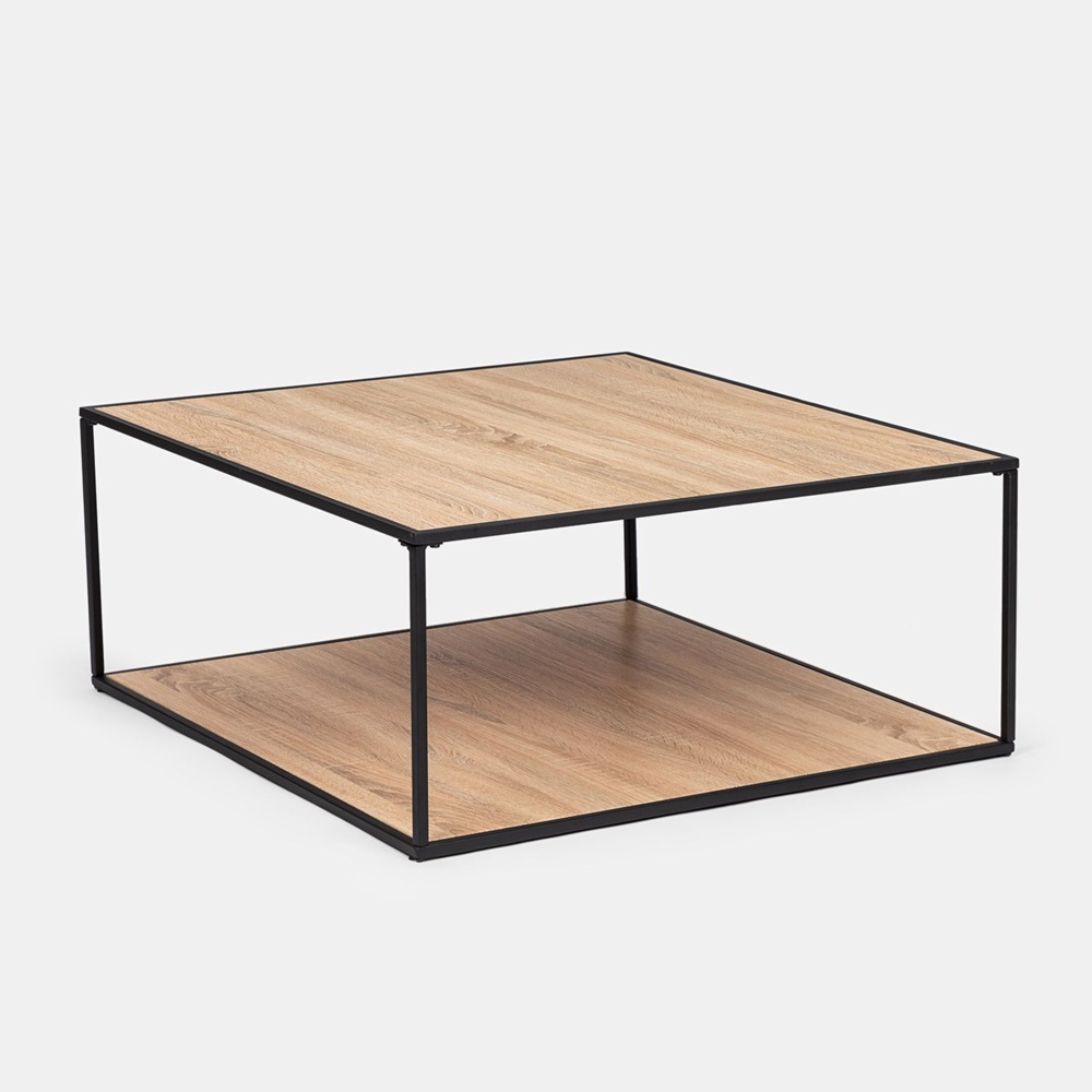 Table basse carrée 80 x 80 cm avec structure en métal noir et plateau en bois de chêne BM156