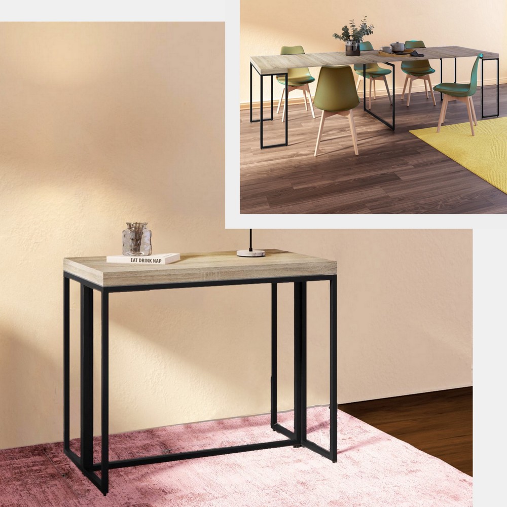 Mesa consola extensible de 50 a 275 cm con estructura de metal negro y tablero de madera TL062