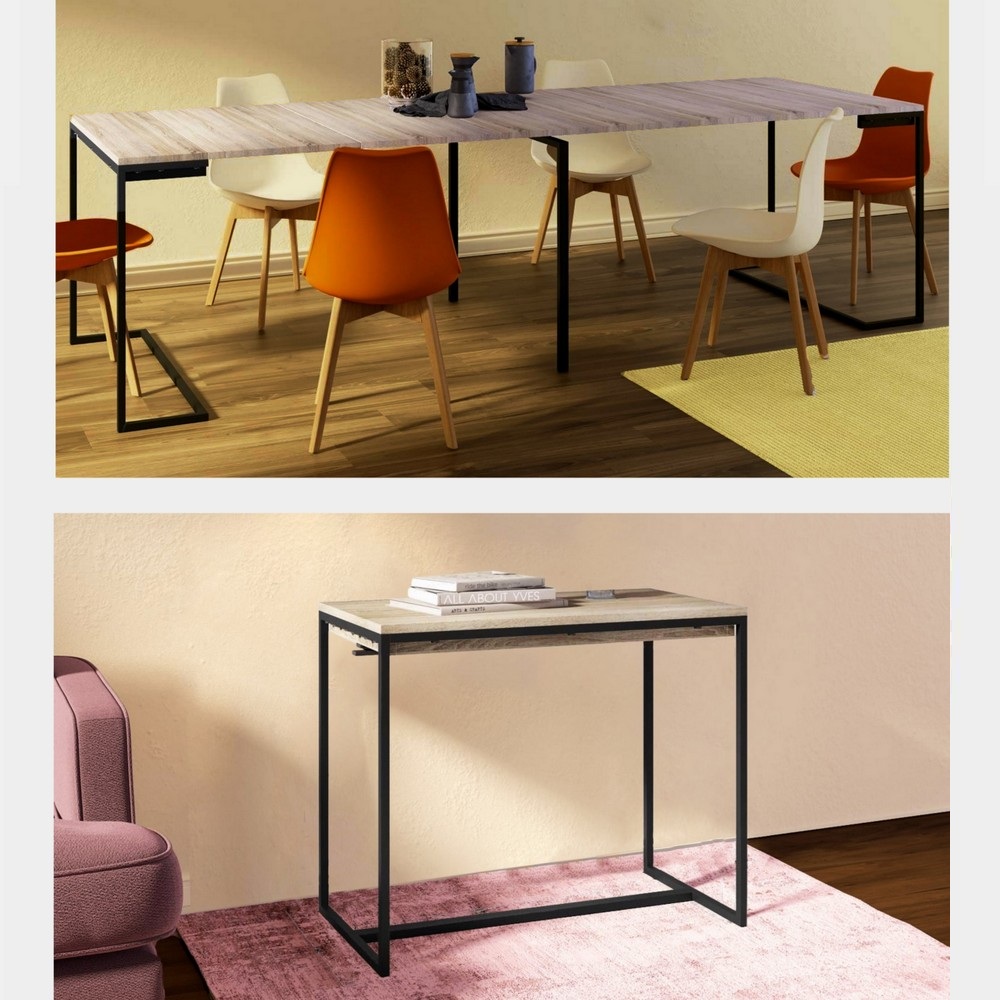 Mesa consola con patas metálicas en forma de L y tablero de madera extensible de 50 a 275 cm TL063