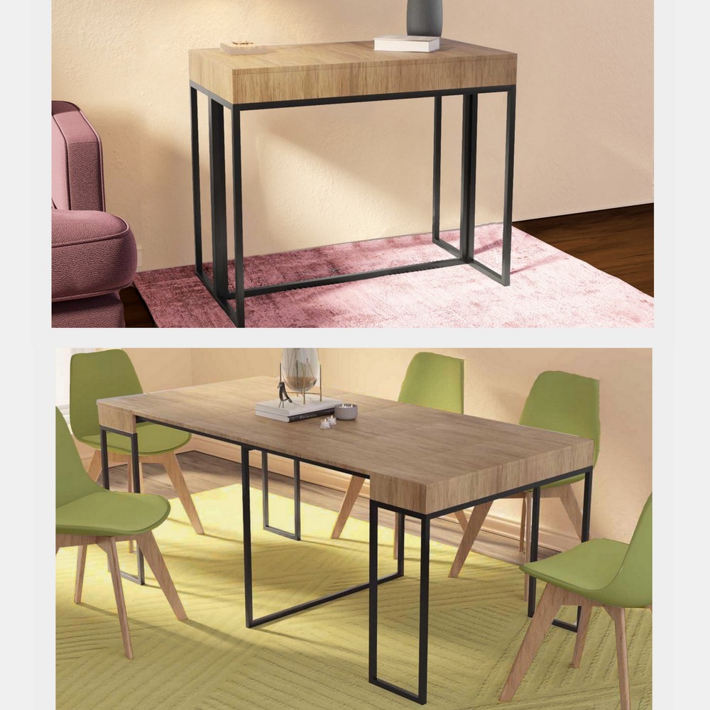 Ausziehbarer Konsolentisch von 50 bis 185 cm mit Holzplatte und schwarzem Metallgestell TL064