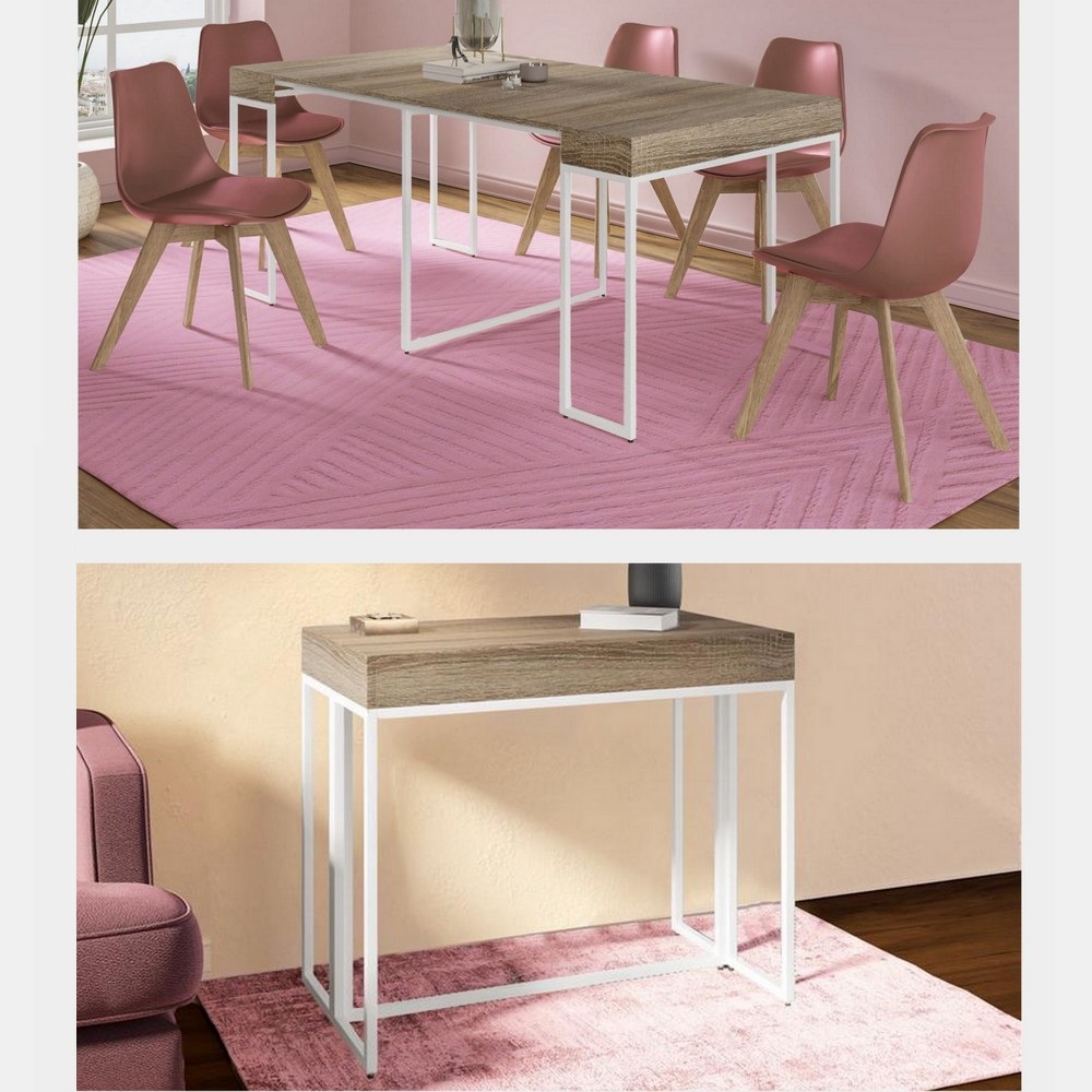 Mesa consola con tablero de madera y patas de metal blanco, extensible de 50 a 185 cm TL065