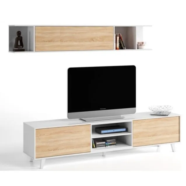 Meuble TV blanc et chêne avec meuble mural et pieds BM079