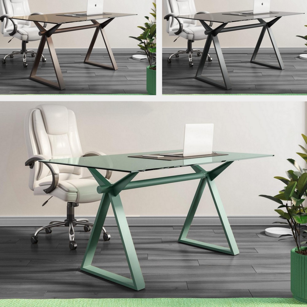 Mesa de escritorio de 150 o 180 cm con patas de acero y tablero de cristal verde bronce o negro TL078
