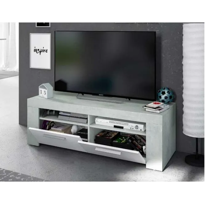 120x42xH40 cm meuble TV en ciment blanc avec 2 portes et 2 compartiments ouverts BM082