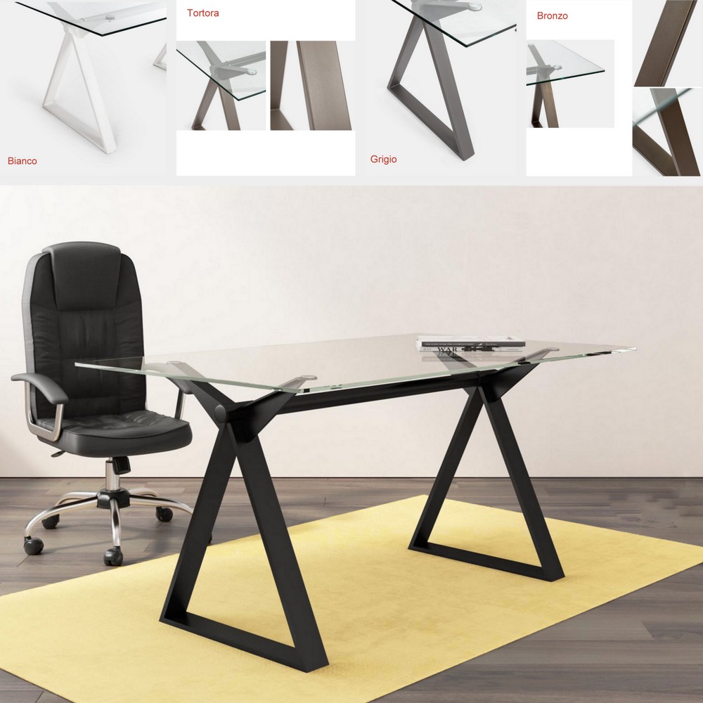 Mesa de escritorio con patas de acero en 5 colores y tablero de cristal transparente, 150 o 180 cm TL079