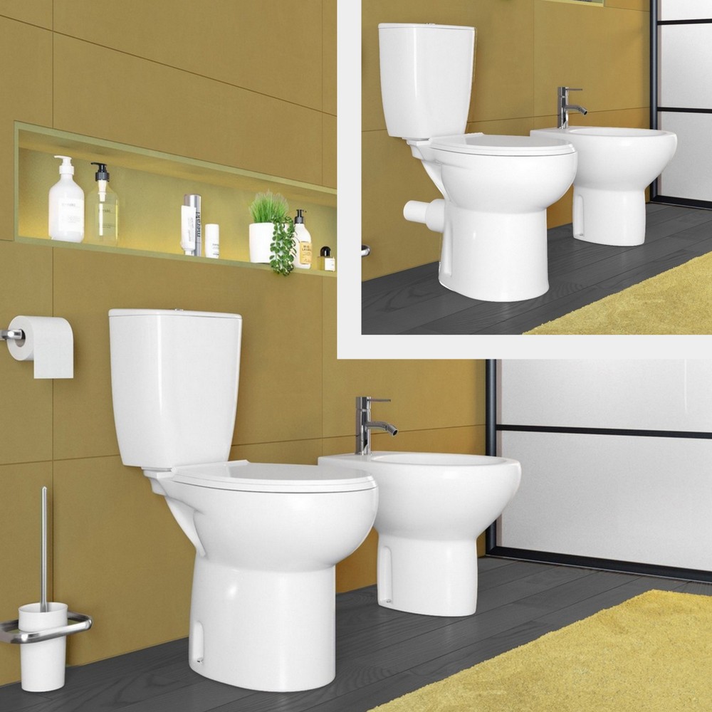 Sanitaires Ghost en céramique blanche, bidet et WC monobloc avec évacuation au sol ou murale