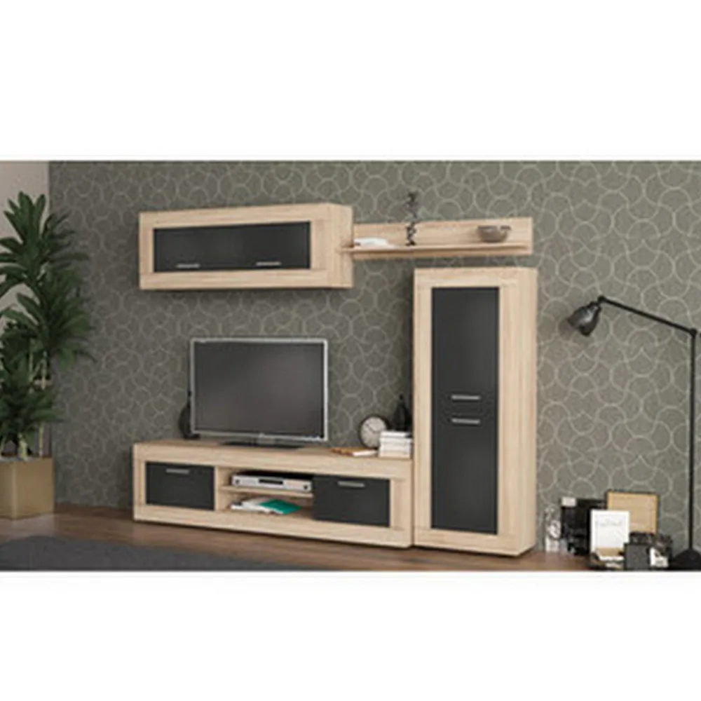 Meuble TV 250x41x188 cm anthracite et chêne naturel avec élément haut et colonne BM090