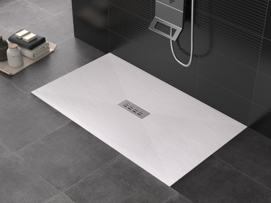 Piatto doccia in mineralmarmo ultra slim piletta cromata centrale filo pavimento BIANCO