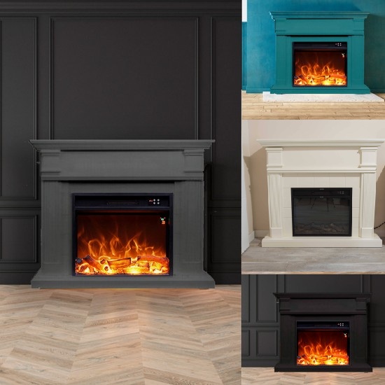 Dimensiones de la chimenea eléctrica 114x102,3 cm disponible con marco blanco turquesa negro o gris CE007